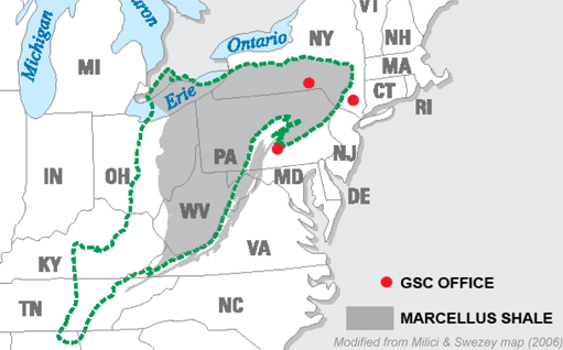 Map showing Marcellus Shale and GSC office locations